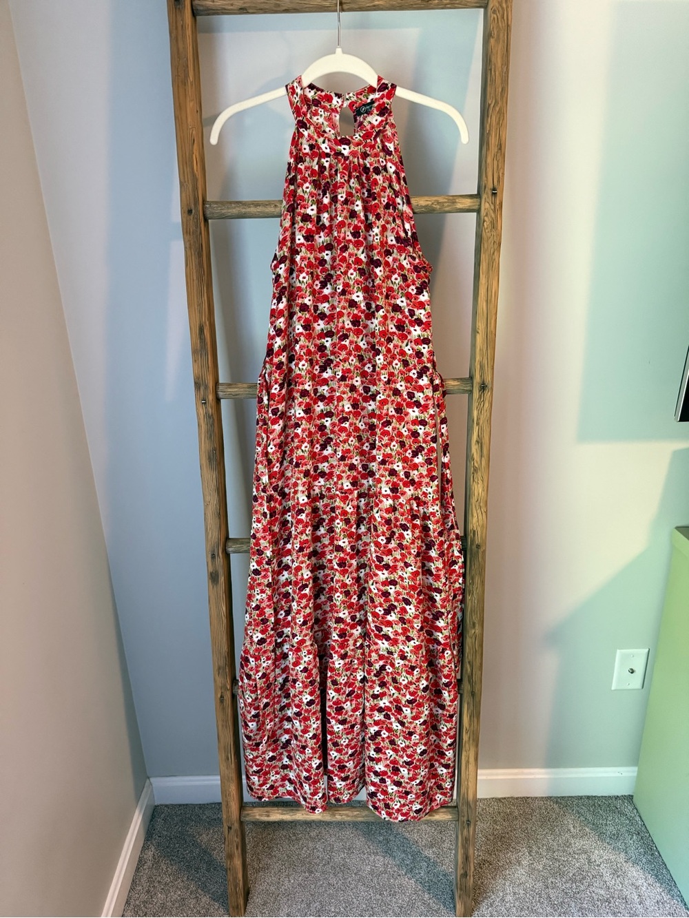 Red Floral Halter Maxi Dress with Tie Neck